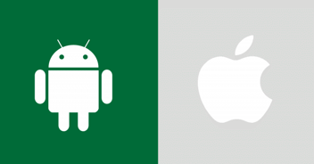 Android logo on green background and Apple logo on gray background