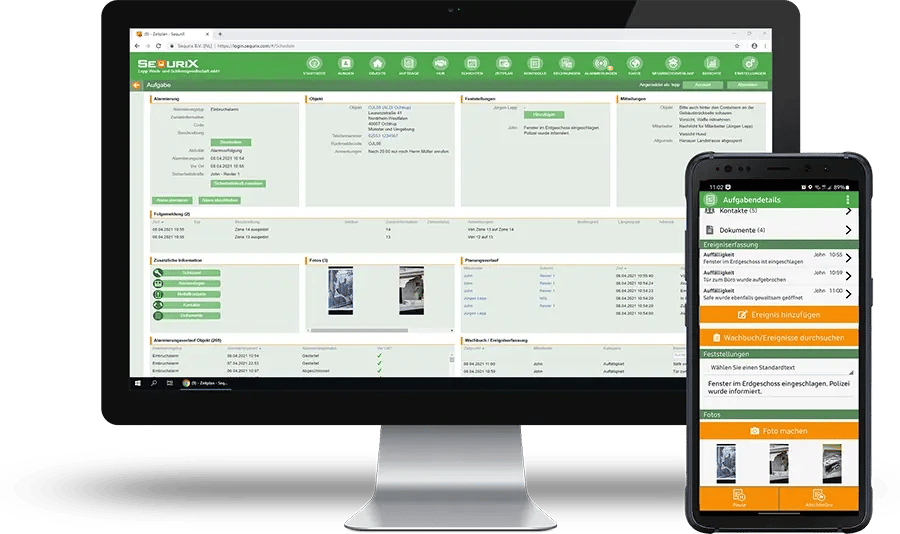 Ein PC-Bildschirm und ein Smartphone zeigen die SequriX Backoffice-App und die mobile App.