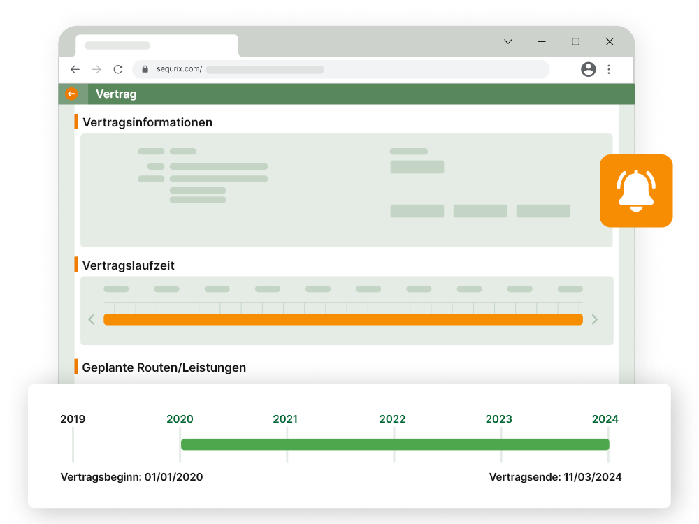 Screenshot von Vertragsverwaltung mit Informationen zum Vertrag sowie geplante Routen/Leistungen.