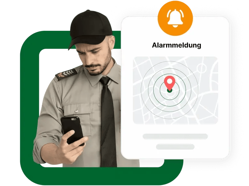 Sicherheitsmitarbeiter in Uniform schaut aufs Smartphone. Daneben ist eine grafische Alarmmeldung mit Kartensymbol und rotem GPS-Icon zu sehen.