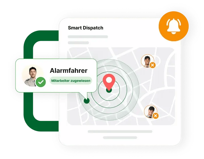 Screenshot mit Karte und Alarmstandort. Ein Alarmfahrer ist zugewiesen, dargestellt durch ein Häkchen. Zwei weitere Fahrer sind mit einem X markiert.