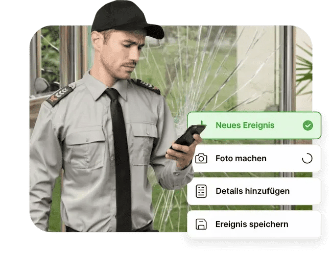 Uniformierter Sicherheitsmitarbeiter guckt auf Smartphone. Auf der rechten Seite ist eine Auflistung verschiedener Funktionen, z.B. Foto machen.