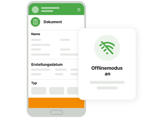 Mock-Up Dokumentanzeige in der SequriX App auf einem Smartphone. Im Vordergrund: Anzeige des aktiven Offlinemodus