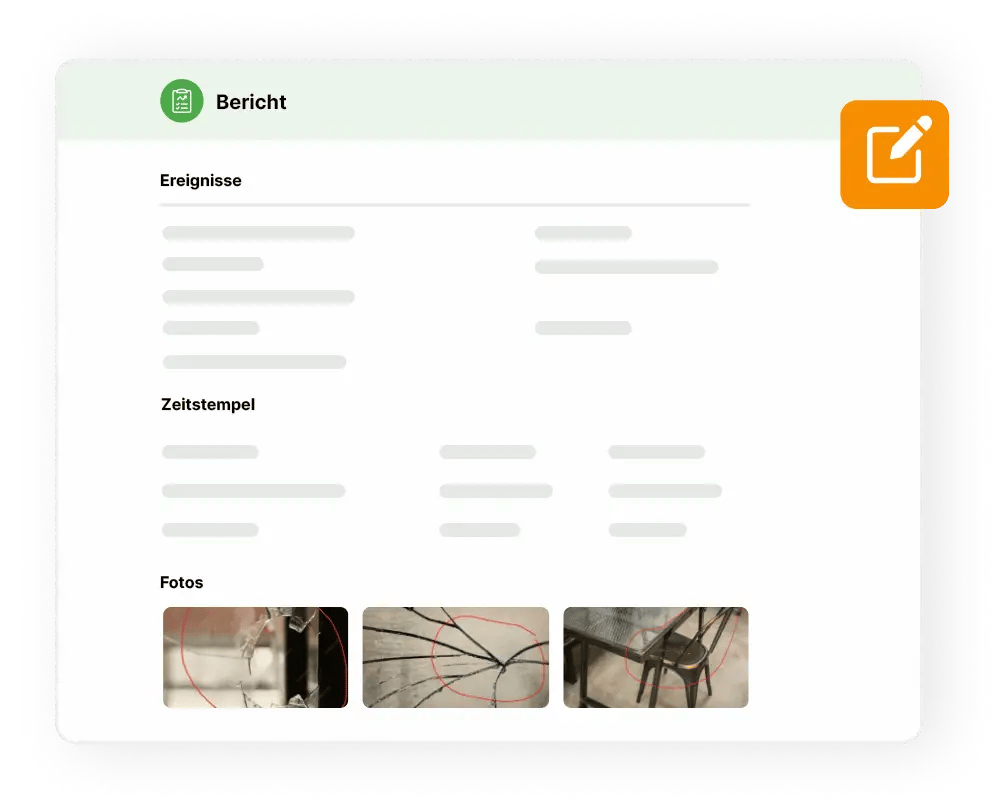Mock-Up eines Berichts, der in SequriX erstellt wurde mit gelisteten Ereignissen, Zeitstempeln und Fotos.