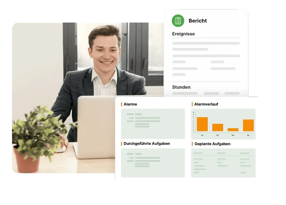Junger Mann im Sakko sitzt vor Laptop. Im Vordergrund: 2 Mock-Ups eines Berichts und des Dashboards mit u.a. Alarmverlauf und geplanten Aufgaben. 
