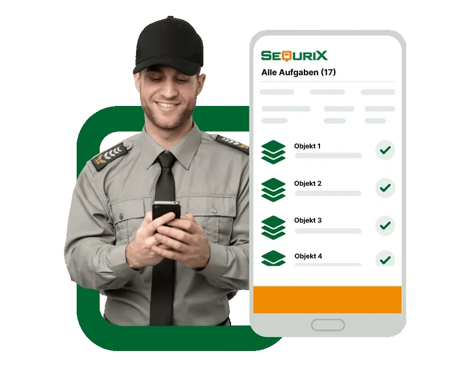 Uniformierter Sicherheitsmitarbeiter tippt auf Smartphone. Im Vordergrund: Mock-Up der SequriX App mit der digitalen To-do-Liste.