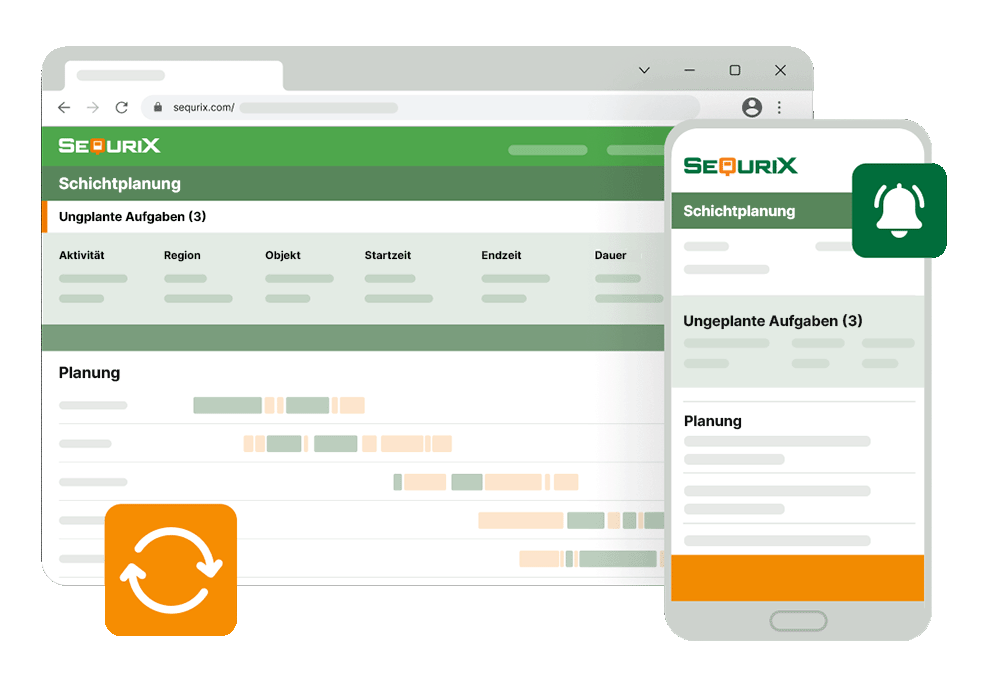 Mock-Ups der Schichtplanung mit ungeplanten Aufgaben im SequriX Backoffice und der App.