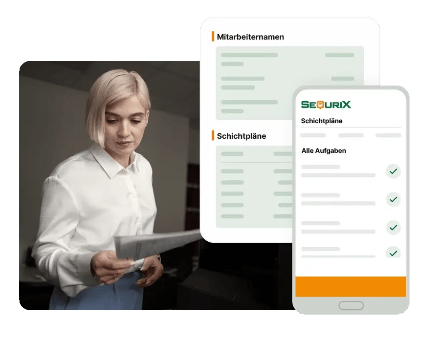Frau hält Papier in der Hand. Im Vordergrund 2 Screenshots der Schichtenplanung in SequriX im Backoffice und der App.