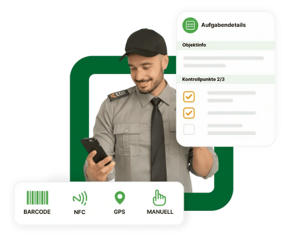 Uniformierter Sicherheitsmitarbeiter guckt auf Handy. Im Vordergrund: Verschiedene Icons wie NFC oder GPS und ein Mock-Up der Aufgabendetails. 