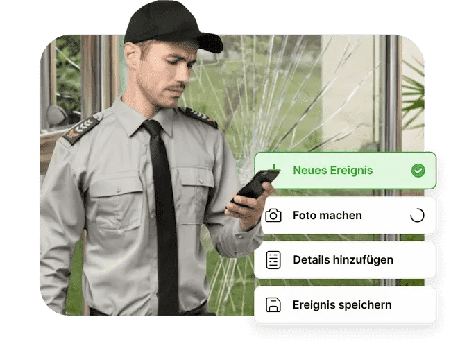 Uniformierter Sicherheitsmitarbeiter guckt auf Smartphone. Auf der rechten Seite ist eine Auflistung verschiedener Funktionen, z.B. Foto machen.