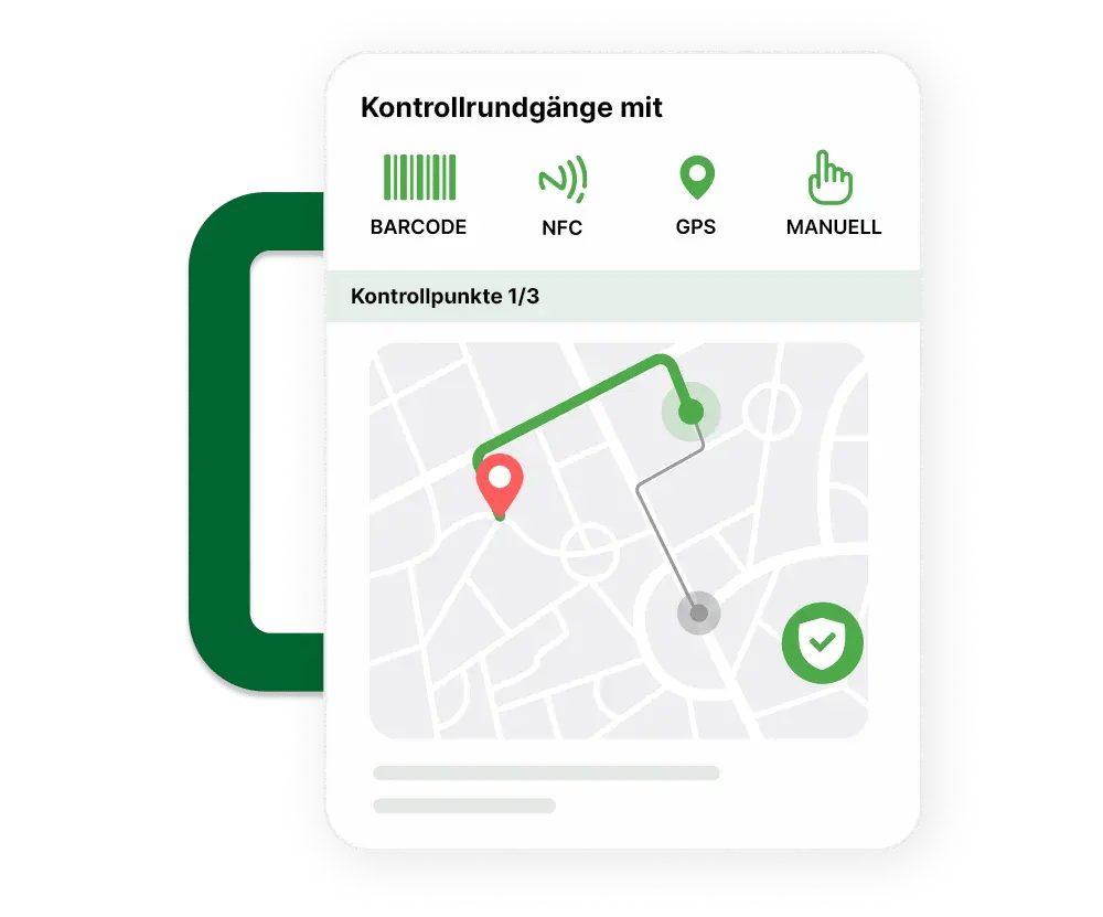Mock-Up der Kontrollrundgänge in SequriX mit eingeblendeter Karte, auf dem ein Weg angezeigt wird & Icons für Barcode, NFC, GPS und manueller Eingabe.
