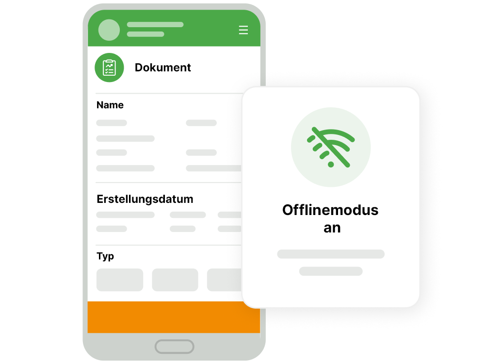 Mock-Up Dokumentanzeige in der SequriX App auf einem Smartphone. Im Vordergrund: Anzeige des aktiven Offlinemodus. 