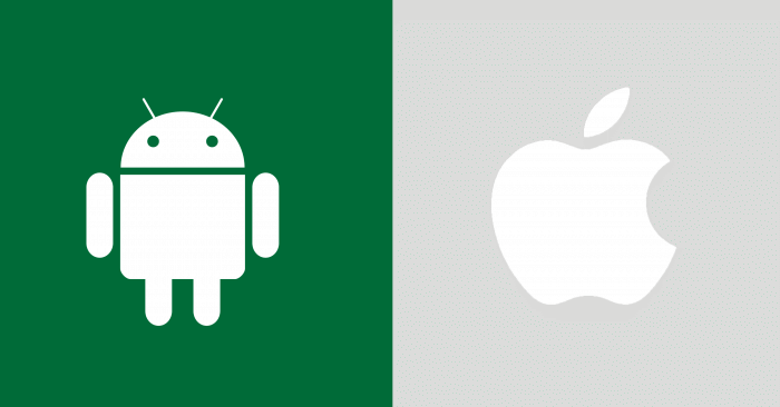 Android logo on green background and Apple logo on gray background