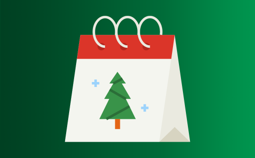 White calendar icon on green background with Christmas tree on cover page